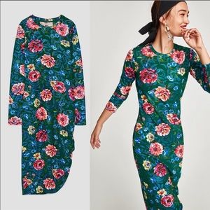 Zara | Floral Long Sleeve Dress Gathered Side Hem